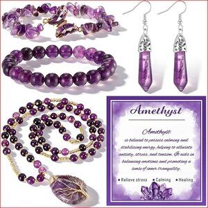 Amethyst Jewelry Set Crystal Necklace Bracelet Earrings Gift